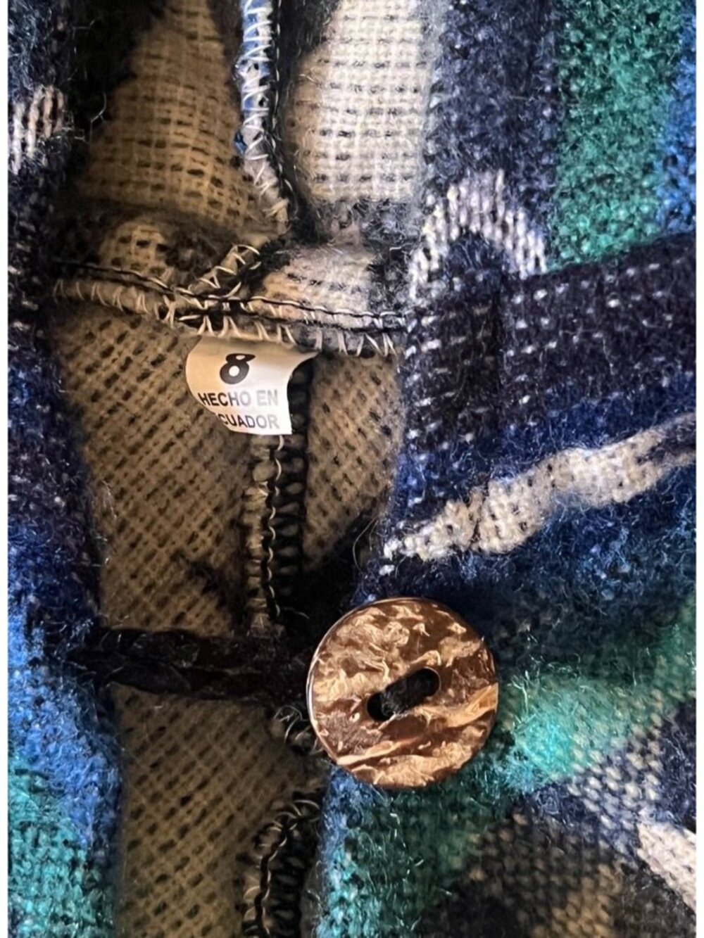 Ecuadorian Poncho Kids 8 Handmade Alpaca Wool Hood & Fringe Blue White Turquoise - Picture 12 of 12